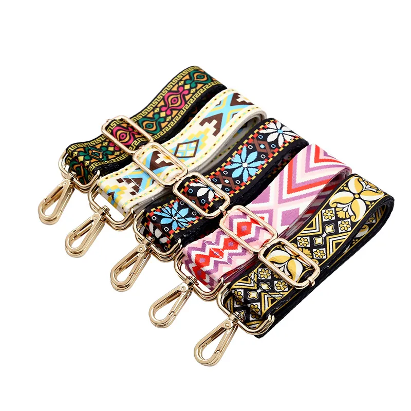 Bag Strap Replacement Wide Shoulder Crossbody Webbing Adjustable Ethnic Floral Pattern Metal Hooks