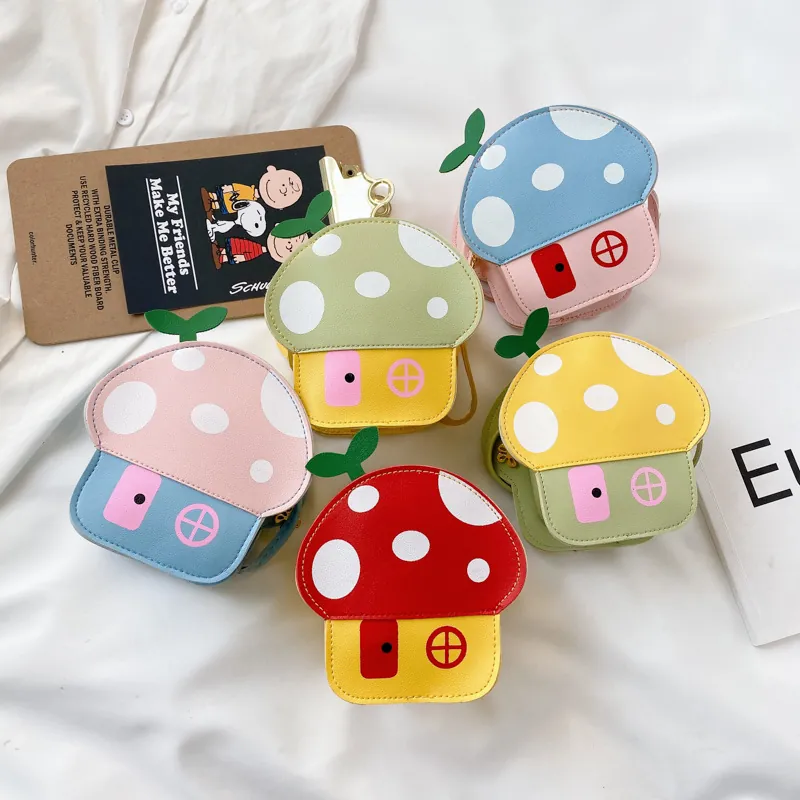 Mushroom House Kids Crossbody Bag PU Leather Polka Dot Zipper Shoulder Bag For Girls Toddlers