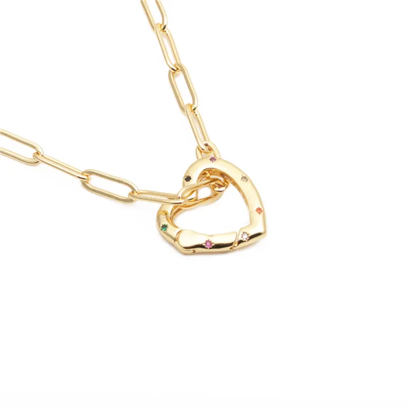 Collier Pendentif Cœur Cuivre Micro Pavé Zircon Multicolore Chaîne Trombone Bijoux Hip Hop Pour Femmes