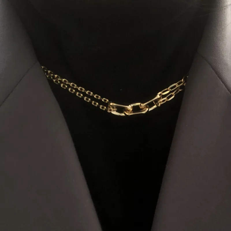 Vintage Double Layer Copper Necklace For Women Gold Silver Plated Geometric U Shape Rings High End Clavicle Chain Jewelry