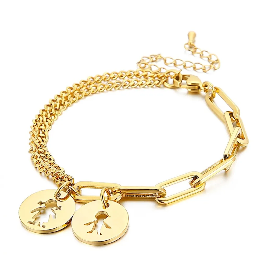 Bracciale Catena Giuntata Acciaio Inossidabile Graffetta E Maglia Grumet Ciondolo Rotondo Cavo Silhouette Ragazzo Ragazza Regalo Asimmetrico Donne Uomini