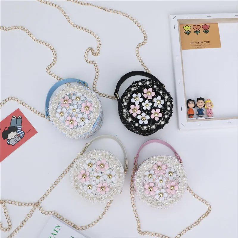 Kids Round Crossbody Bag Tweed Woven Floral Decoration Faux Artificial Pearl Handheld Metal Chain Strap Princess Style Girls