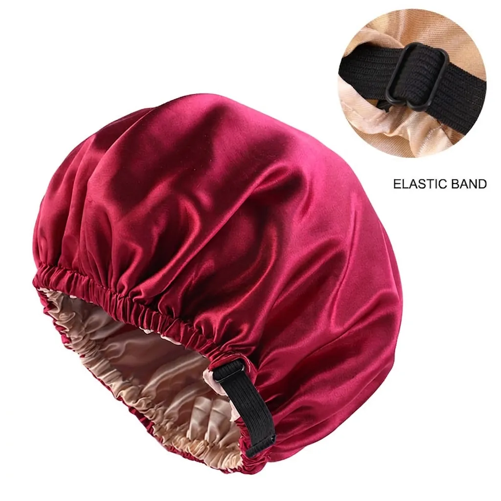 Adjustable Double Layer Satin Sleep Bonnet Nightcap Reversible Satin Texture Hair Care Hat For Women Solid Color Comfort