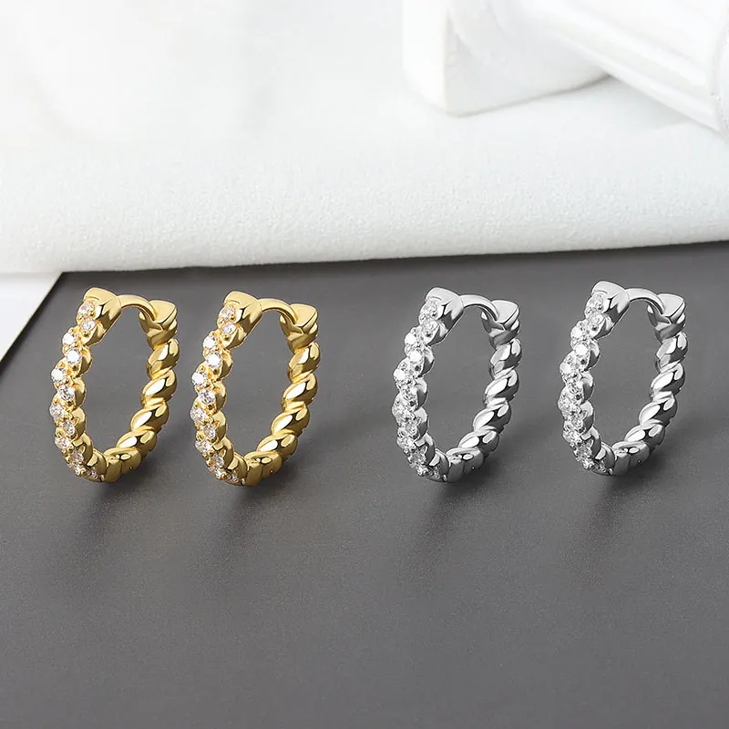 Fashion Twisted Rope Huggie Hoop Earrings Copper Cubic Zirconia With 925 Sterling Silver Earring Post For Women Elegant
