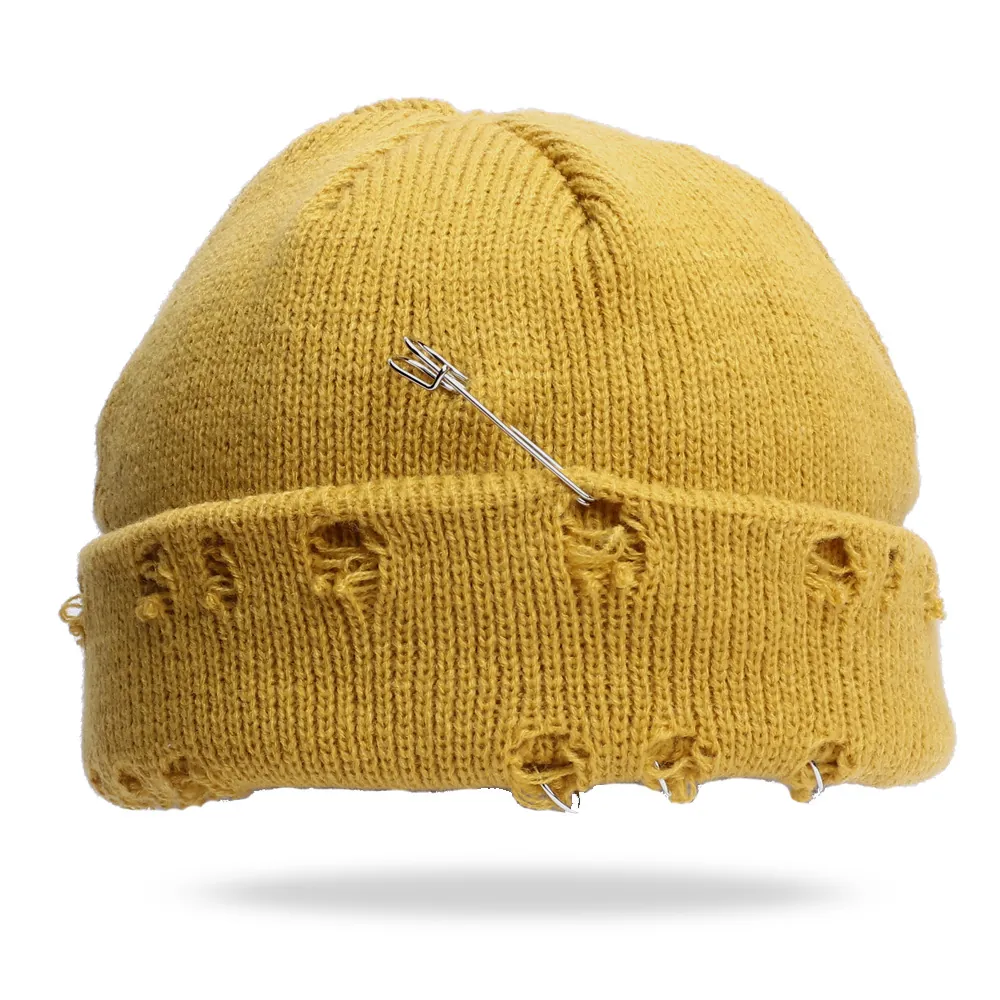 Distressed Beanie Hat With Metal Rings And Safety Pin Acrylic Knitted Punk Hip Hop Skull Cap For Men Women