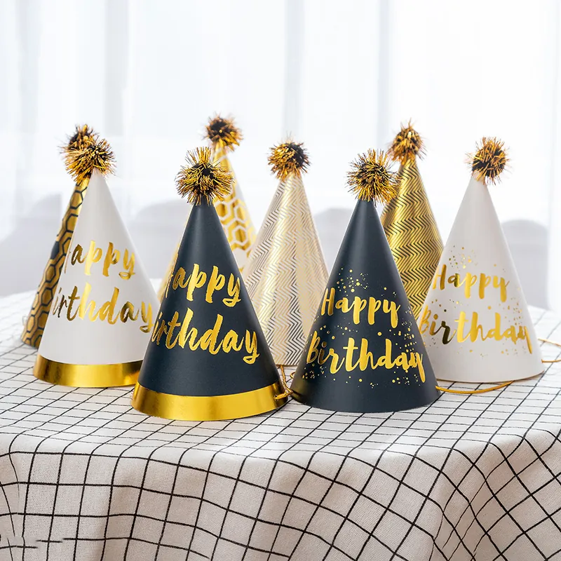 Black Gold Birthday Party Hat Paper Cone With Metallic Pom Pom And Elastic Strap For Kids Adults Celebration Decor