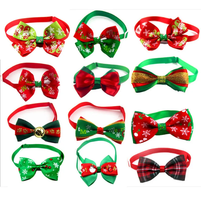 Christmas Pet Bow Tie Collar Adjustable Grosgrain Ribbon Festive Snowflake Snowman Print Accessory For Dogs Cats