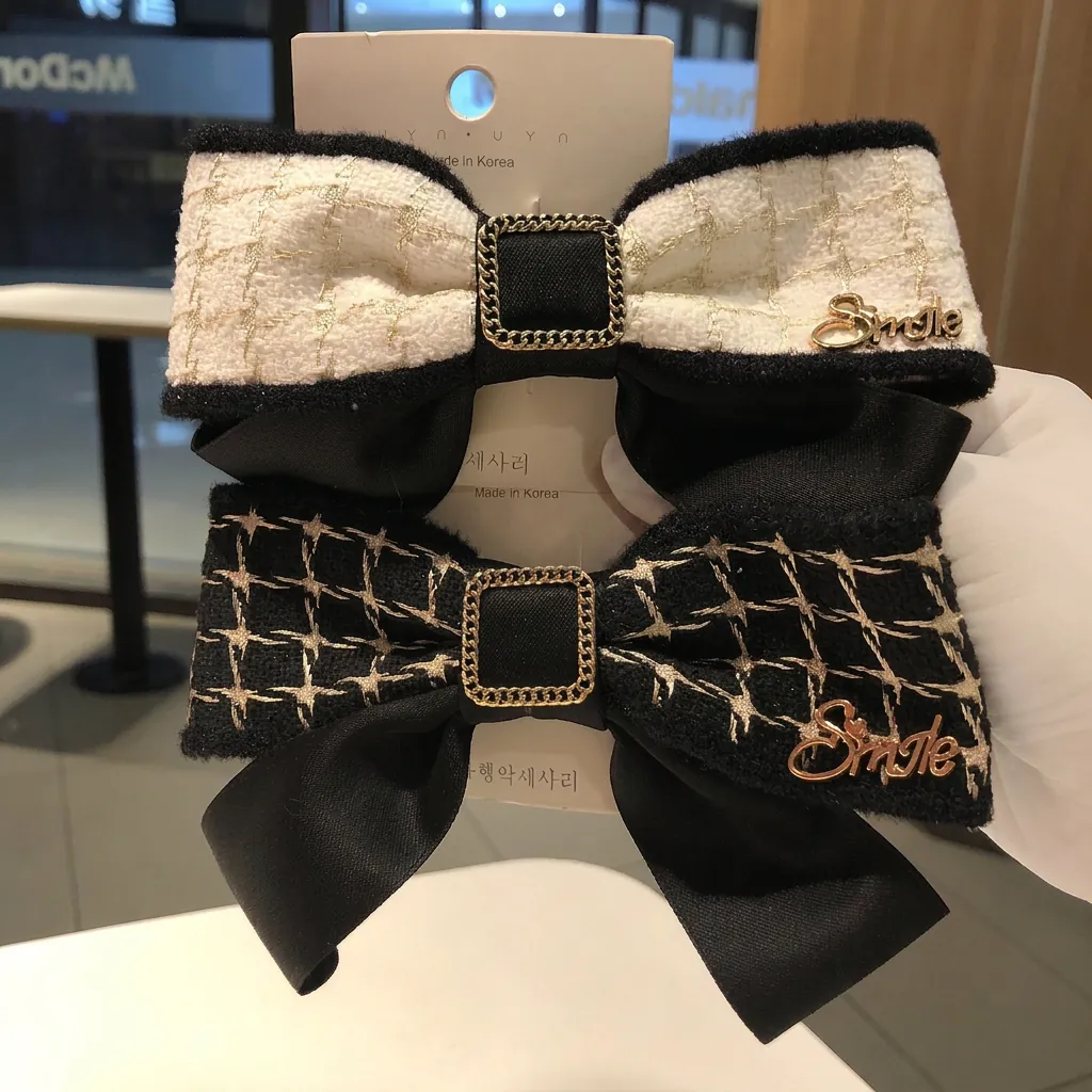 Grande Pince À Cheveux Noeud Papillon Tweed Satin Tissu Style Rétro Français Chaîne Dorée Bouton Carré Lettre Élégant