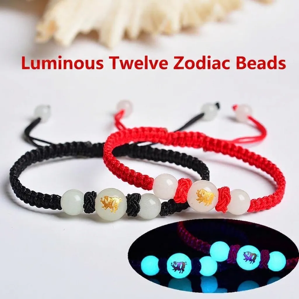 Luminous Chinese Zodiac Hand-woven Bracelet Glow In The Dark Resin Beads Adjustable Red Black Cord Jewelry Gift Unisex