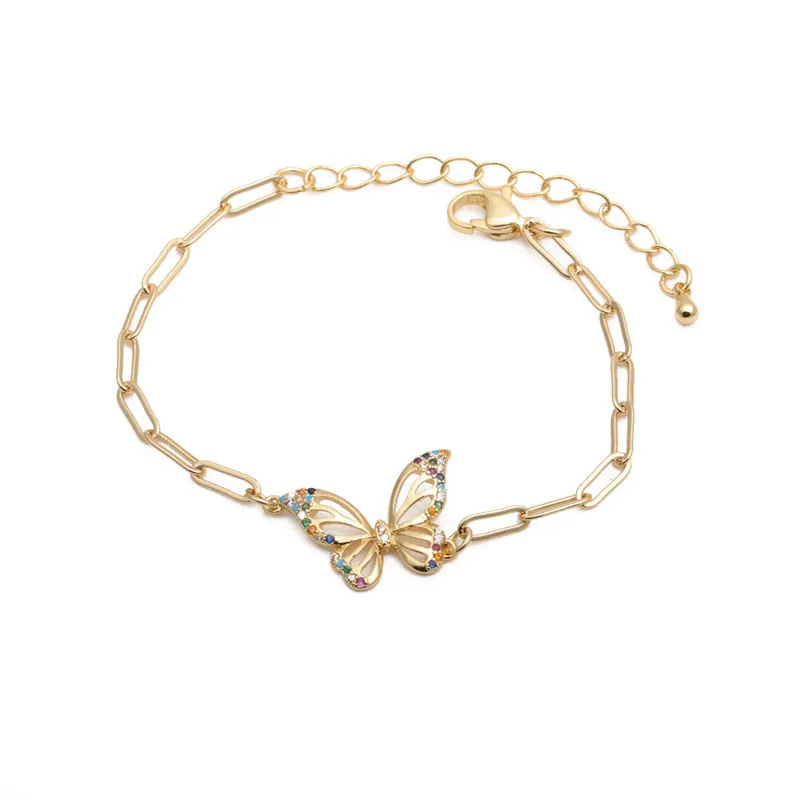 Bracelet Pendentif Papillon Cuivre Laiton Zircon Coloré Chaîne Trombone Creuse Réglable Bijoux Hip Hop Pour Femmes