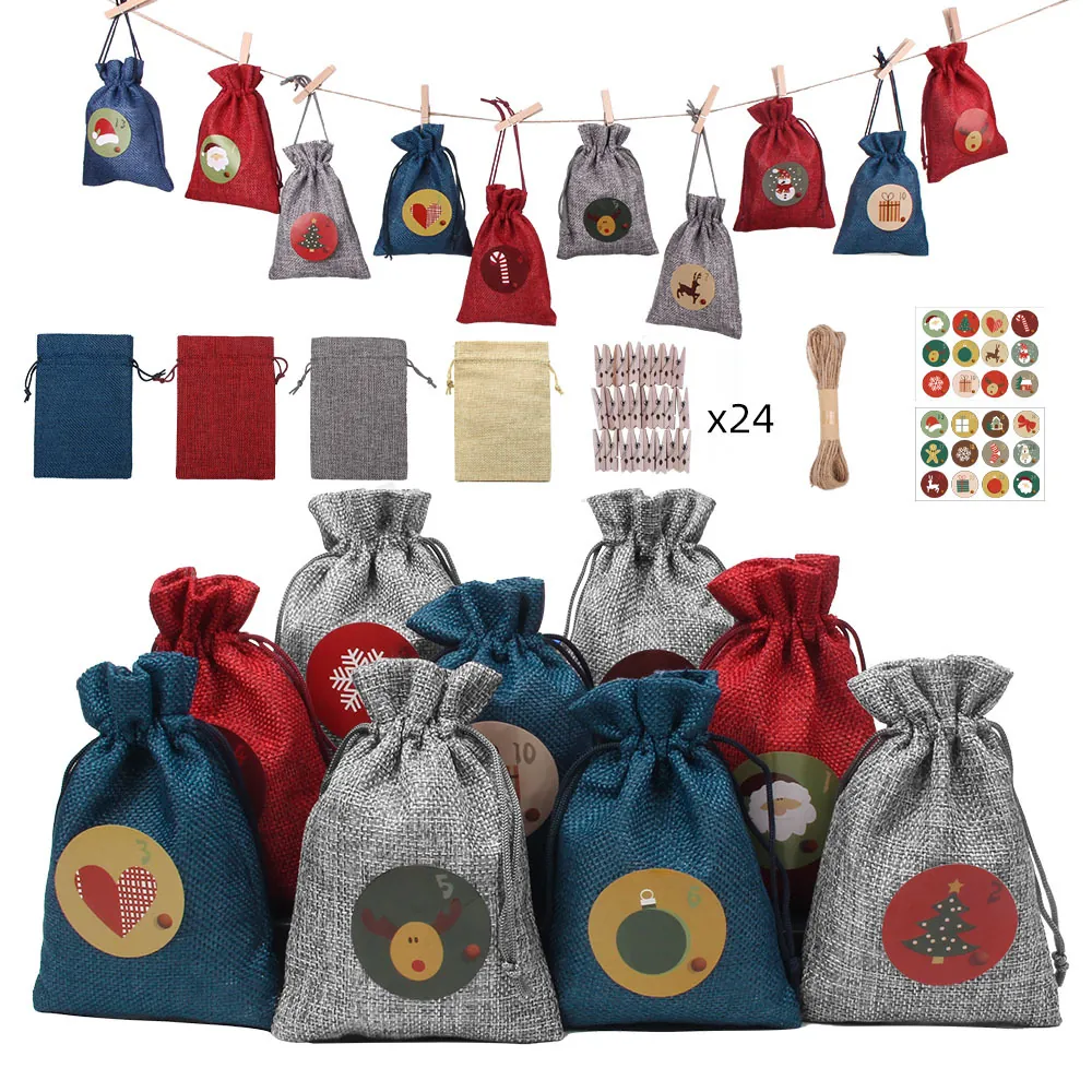 Christmas Advent Calendar Gift Bags Linen Burlap Drawstring Pouch DIY Holiday Countdown Decor Wood Clips Jute Rope