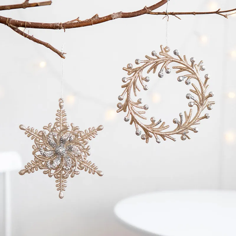 Glitter Christmas Tree Hanging Ornaments Champagne Gold Silver Snowflake Angel Wreath Pendants For Xmas Tree Home Holiday Decor