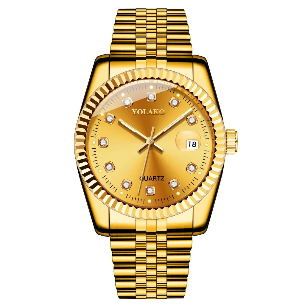 Classic Quartz Watch Fluted Bezel Date Window Rhinestone Indices Metal Five Link Strap Business Casual Wristwatch For Men Women