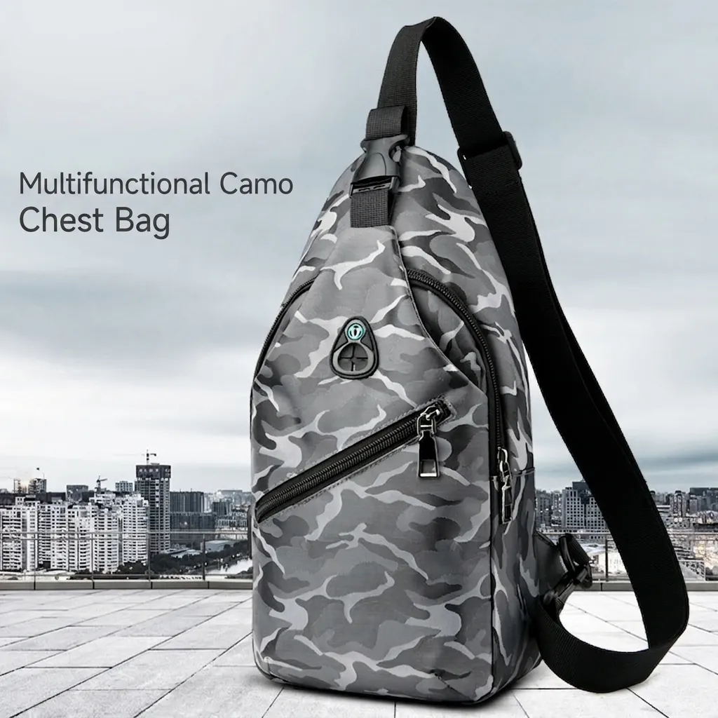 Sac Bandoulière Camouflage Homme En Nylon Résistant À L'eau Avec Port De Charge USB Et Trou Pour Écouteurs Loisirs