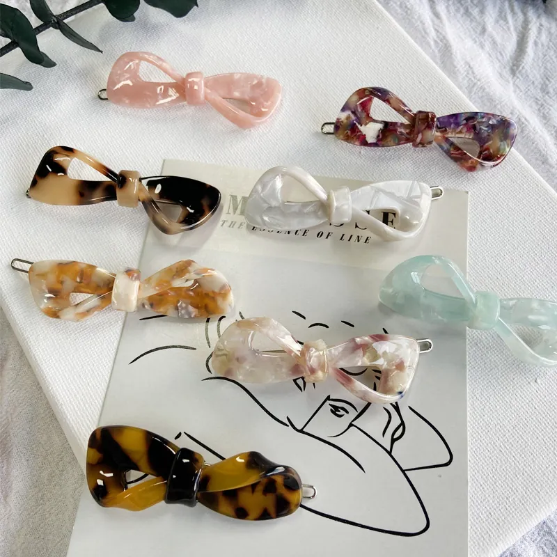 Bow Hair Clip Acetate Marble Pattern Tortoise Shell Barrette Korean Style Elegant Headwear For Women Girls