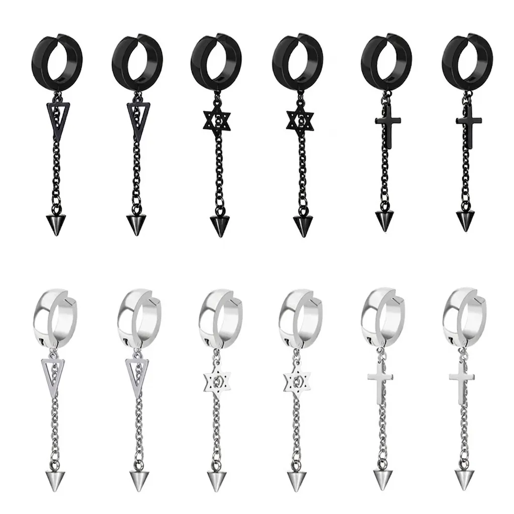 Punk Stainless Steel Dangle Hoop Clip On Earrings Long Chain Cross Triangle Hexagram Cone Pendant Gothic Jewelry