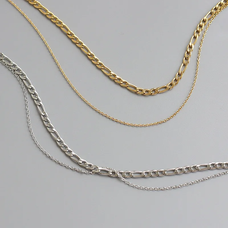 Double Layer Figaro Chain Necklace For Women 316L Stainless Steel Minimalist French Retro Gold Silver Plated Stackable Link Chain Jewelry Gift
