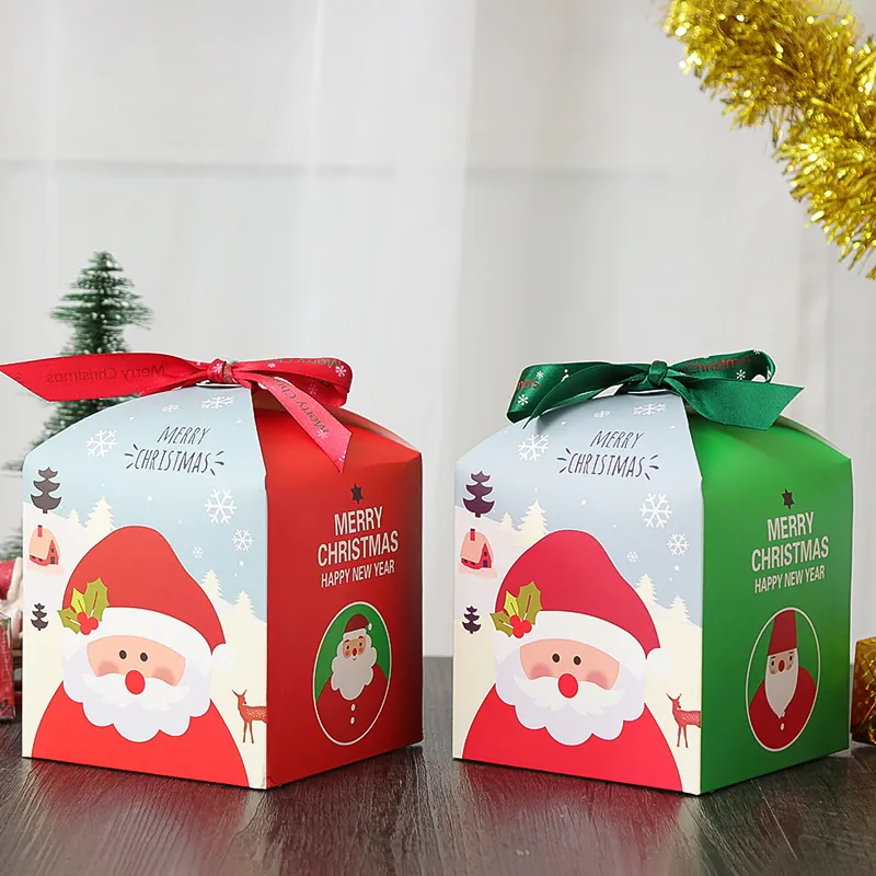 Scatole Regalo Natale Carta Cartone Confezione Mela Caramelle Con Fiocco Nastro Motivo Babbo Natale Pieghevoli