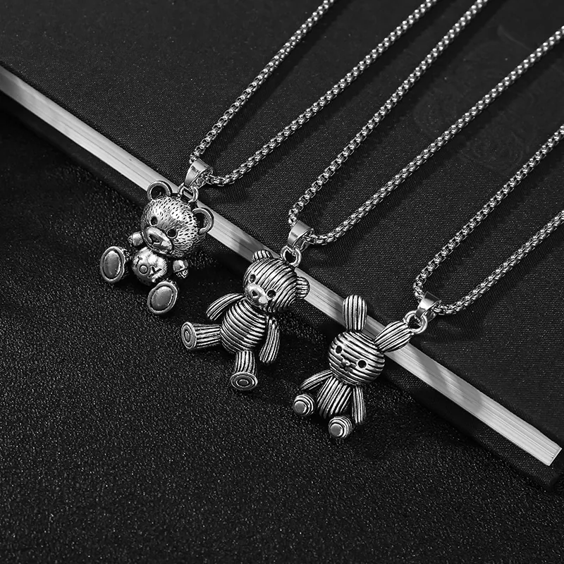 Retro Bear Rabbit Alloy Pendant Necklace Stainless Steel Long Chain Hip Hop Punk Streetwear Jewelry Women Men Silver Tone