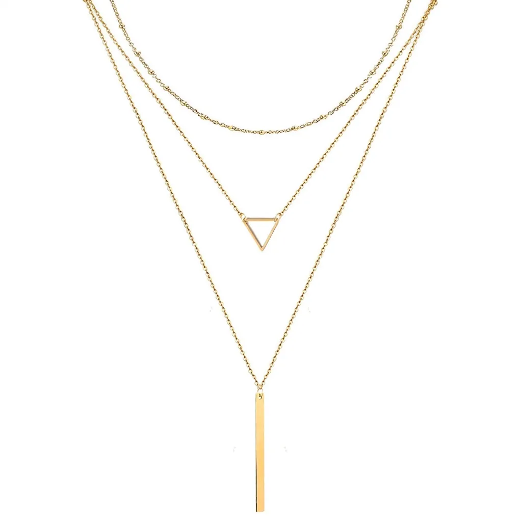 Triple Layered Stainless Steel Necklace Geometric Hollow Triangle And Vertical Bar Pendant Minimalist Jewelry For Women