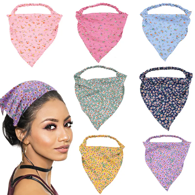 Floral Printed Triangle Bandana Headband Striped Fabric Headscarf With Elastic Band For Women Beach Bohemian Hair Accessory