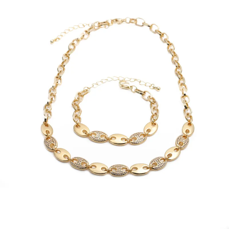 Hip Hop Ketting En Armband Koper Micro Pave Zirkonia Koffieboon Schakel Sieraden Trendy Accessoire