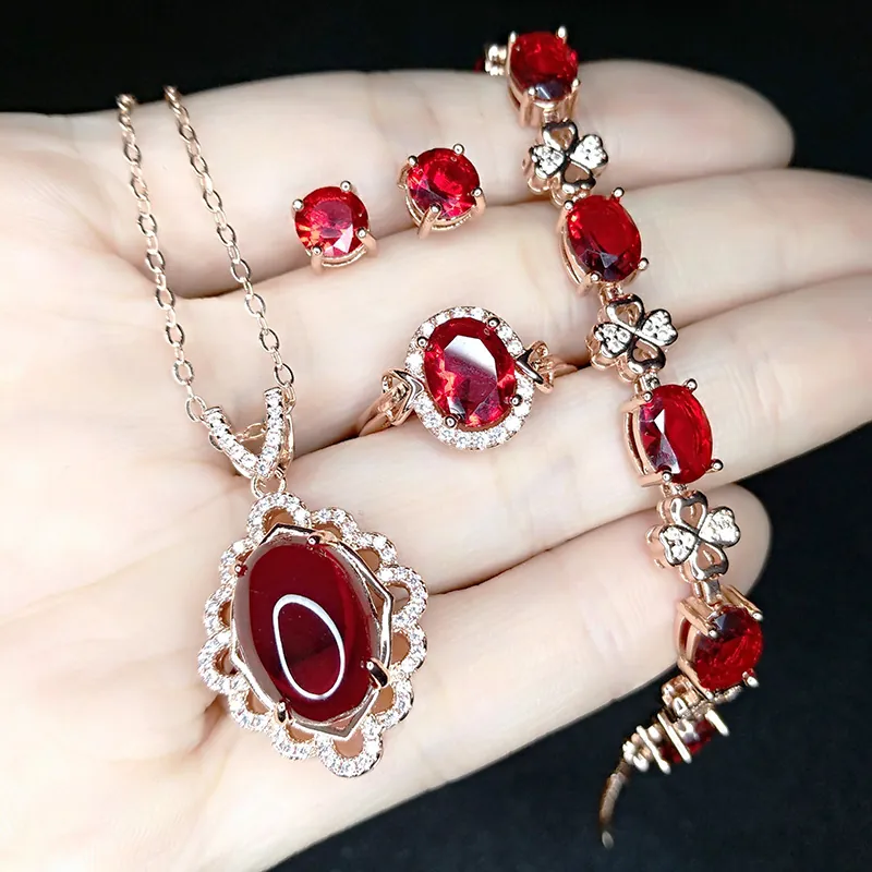 Rose Gold Plated Copper Jewelry Necklace Earrings Ring Bracelet Faux Red Ruby Oval Gemstone Elegant For Women