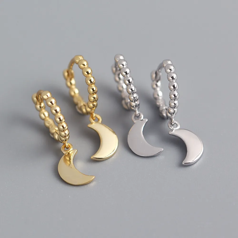 Orecchini Pendenti Con Luna In Argento Sterling 925 Cerchi Con Perline Minimalisti Ciondolo A Mezzaluna Lucidato