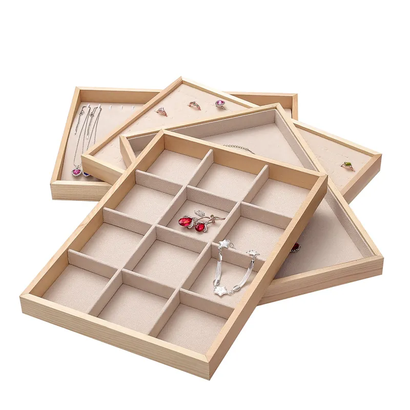 Jewelry Display Tray Wooden Velvet Lining Organizer For Ring Necklace Earring Storage Showcase Rectangular
