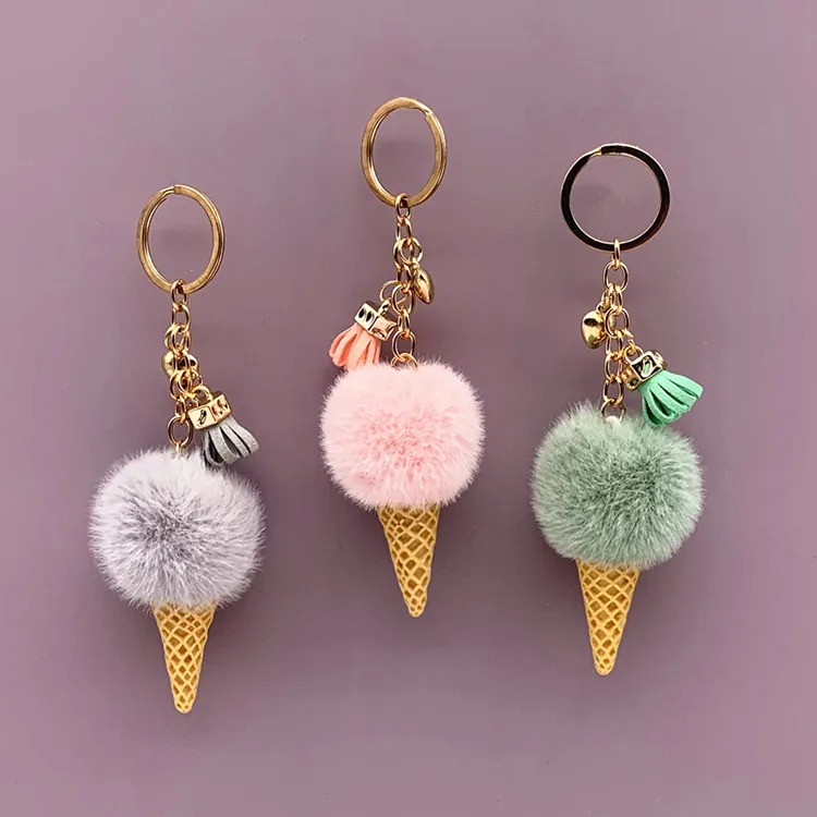Cute Ice Cream Keychain Faux Fur Ball Plush Pendant Resin Cone With Tassel And Metal Heart Charm Bag Decor