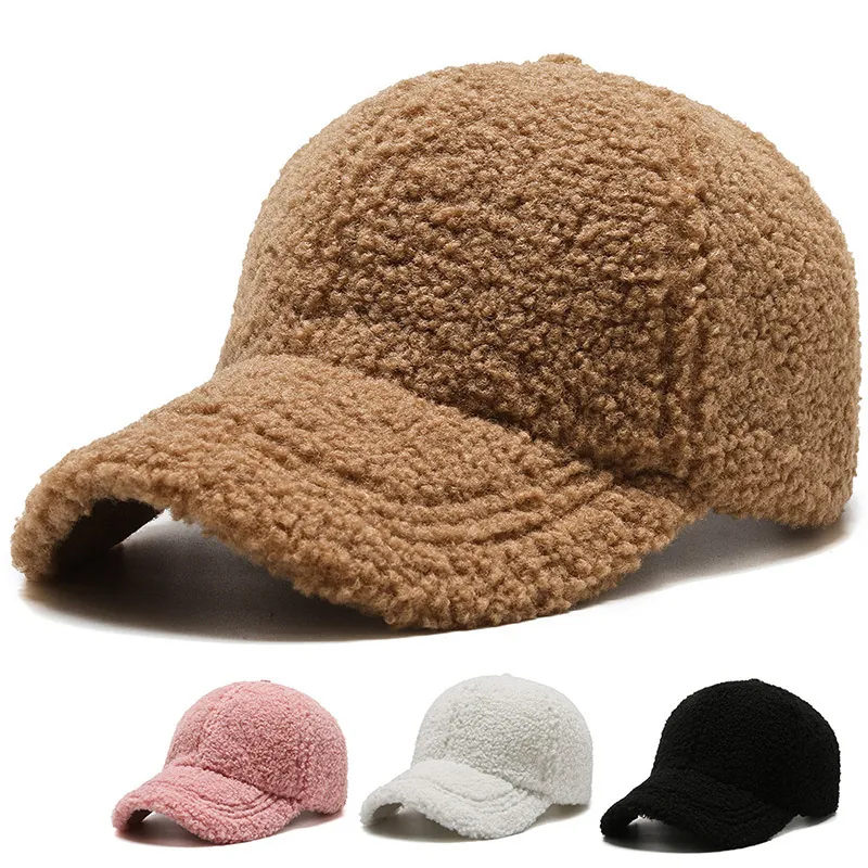 Women Warm Lamb Wool Baseball Cap Solid Color Teddy Velvet Thickened Winter Peaked Cap For Outdoor Sports Casual Adjustable Hat