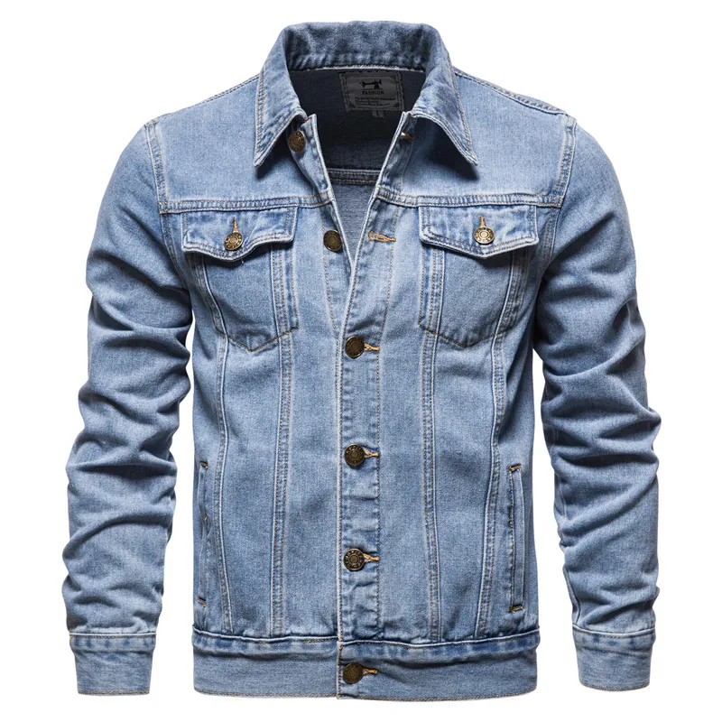 Chaqueta Vaquera Lavada de Ajuste Ceñido para Hombre Ropa de Abrigo de Poliéster Informal con Solapa y Multibolsillos para Otoño Estilo Urbano