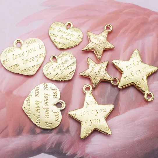 Alloy Heart Star Charms Gold Tone Engraved Love Messages For DIY Jewelry Making Necklaces Bracelets Hair Accessories