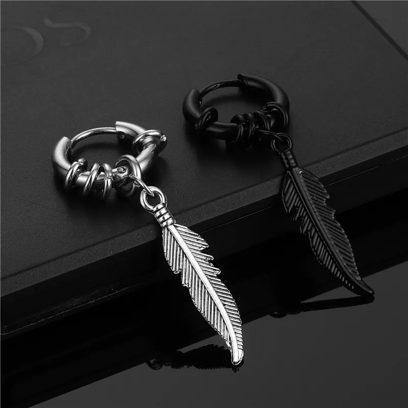 Feather Drop Hoop Earrings Titanium Steel Punk Hip Hop Vintage Gothic Style Jewelry For Men Women Minimalist Accessory
