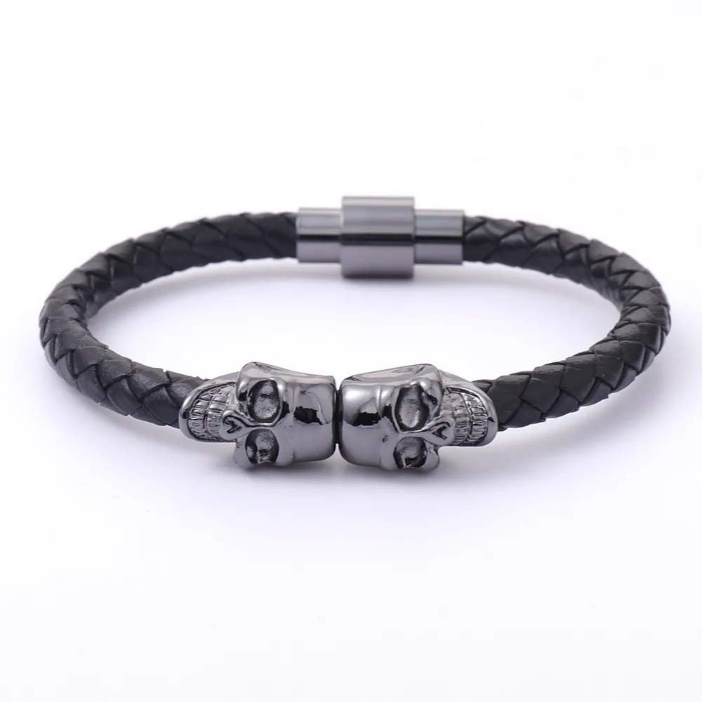 Punk Woven Leather Bracelet With Alloy Skull Pendants Magnetic Clasp Goth Skeleton Jewelry For Men