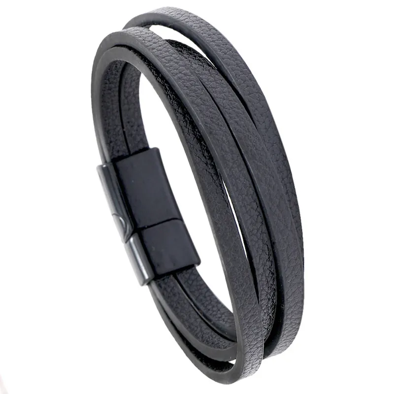 Pulsera De Cuero Trenzado Multicapa Para Hombre Con Cierre Magnético De Aleación Brazalete Vintage Minimalista