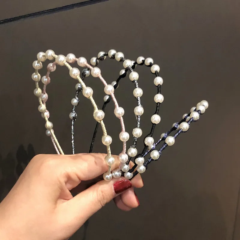 Korean Style Elegant Thin Faux Artificial Pearl Headband Slim Braided Hair Hoop Vintage Temperament Hairband Accessories For Women