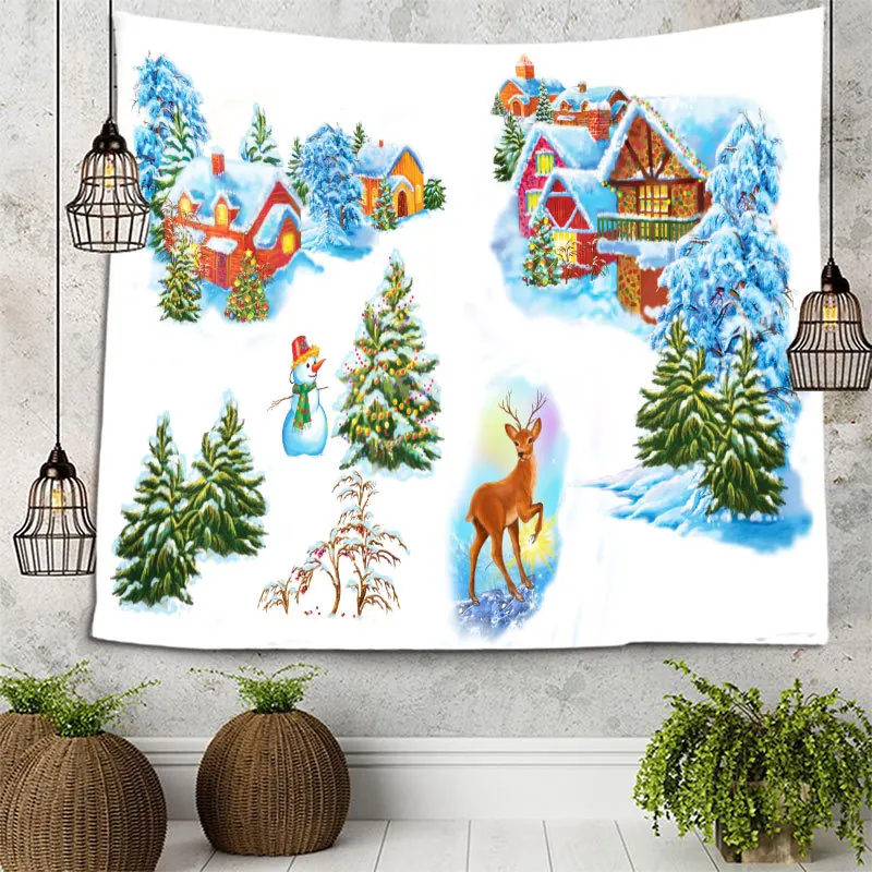 Christmas Tapestry Wall Hanging Polyester Santa Snowman Deer Pattern Holiday Home Dorm Decor Festive Backdrop