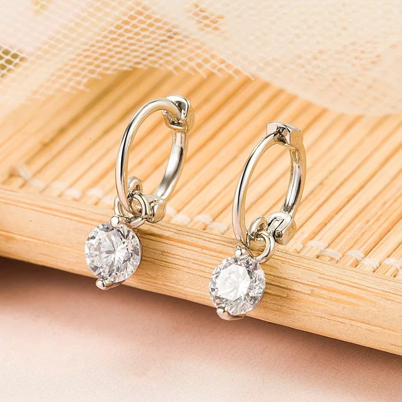 Silver Plated Copper Hoop Earrings Round Clear Zircon Dangle Minimalist Elegant Geometric Jewelry Accessory For Women