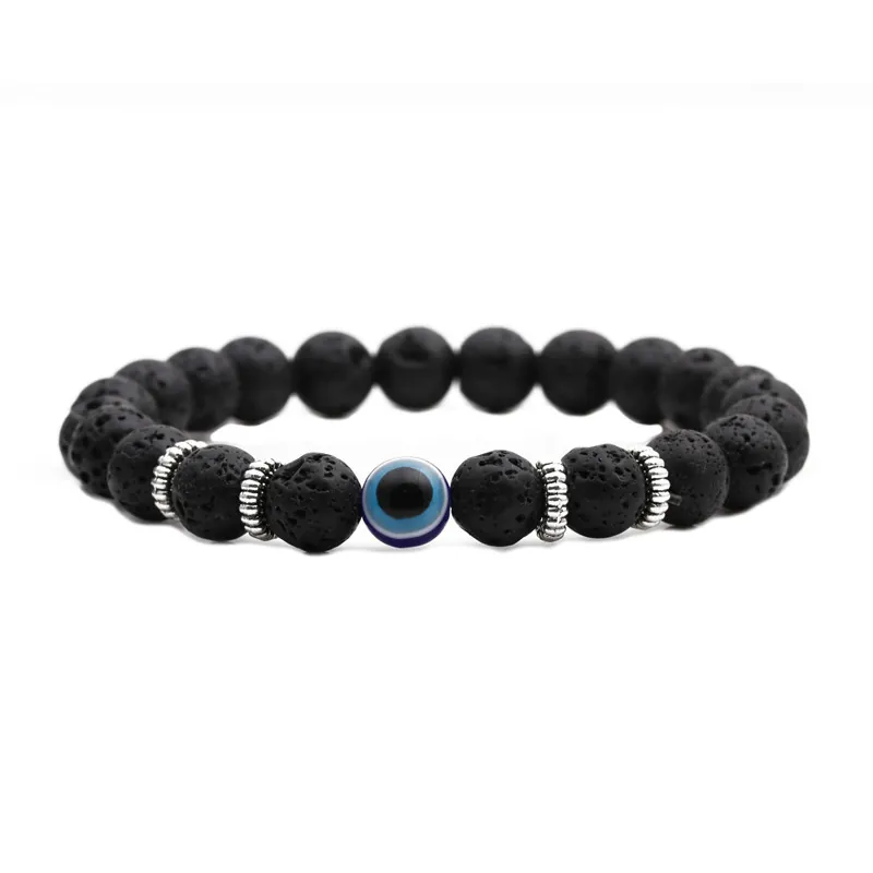 Natural Tiger Eye Lava Stone Beaded Bracelet For Men Women Evil Eye Charm Elastic Strand Bracelet Alloy Spacers Jewelry
