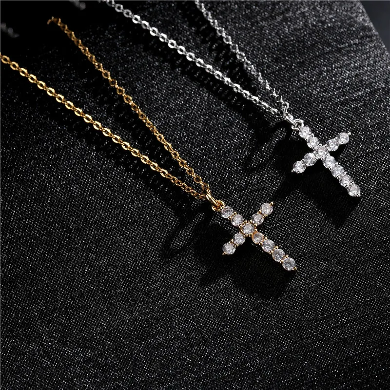 Classic Cross Pendant Necklace Copper Micro Pave Zircon Minimalist Fashion Jewelry For Women Men