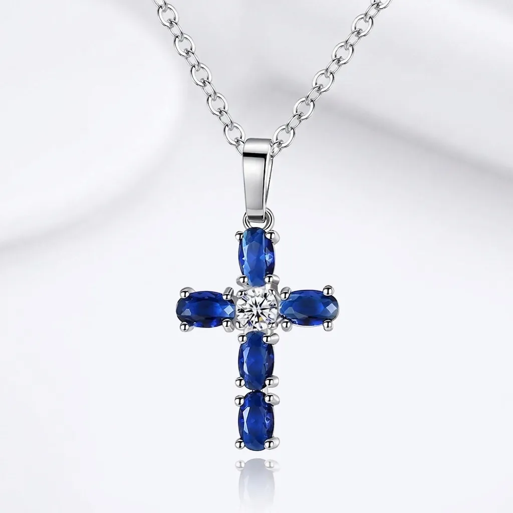 Cross Pendant Necklace With Blue Oval Zircon Silver Plated Copper Simple Elegant Fashion Clavicle Chain For Women