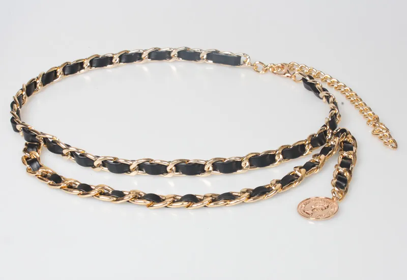 Women Braided Waist Chain Belt Alloy Metal PU Leather Coin Pendant Retro Adjustable Fashion Accessory For Dresses