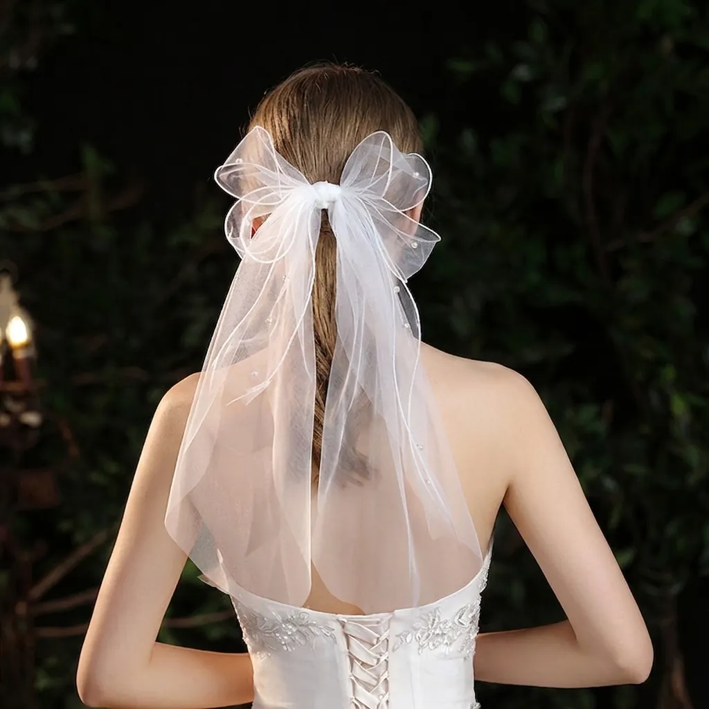 Bridal Short Veil White Tulle Double Layer Bow With Faux Artificial Pearl Elegant Wedding Hair Accessory For Photography Women