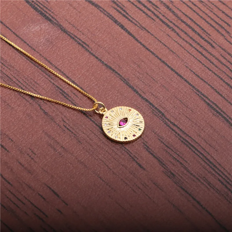 Evil Eye Anhänger Halskette Kupfer Runder Medaillon Zirkon Bunte Rhinestone Vergoldeter Schmuck Für Frauen