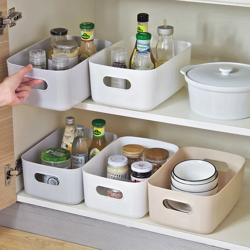 Plastic Storage Basket With Handles Rectangular Organizer Bin For Kitchen Cabinet Closet Desktop Minimalist Japanese Style