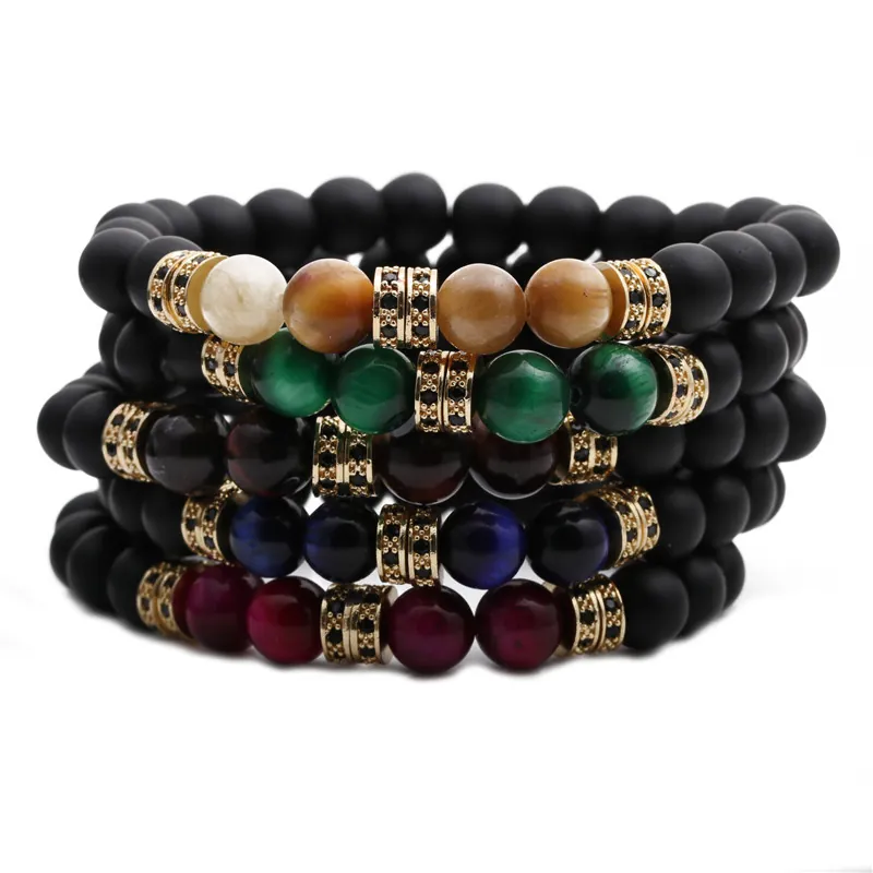 Bracciale Perline Occhio Di Tigre Pietra Opaca Lega Strass Distanziatori Elastico Unisex Gioielli Fatto Mano