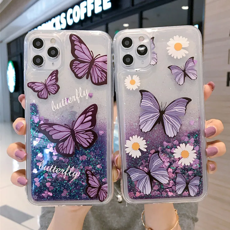 Liquid Quicksand Case Purple Butterfly Daisy Glitter Pattern Transparent TPU PC Cover For iPhone 13 12 11 Pro Max