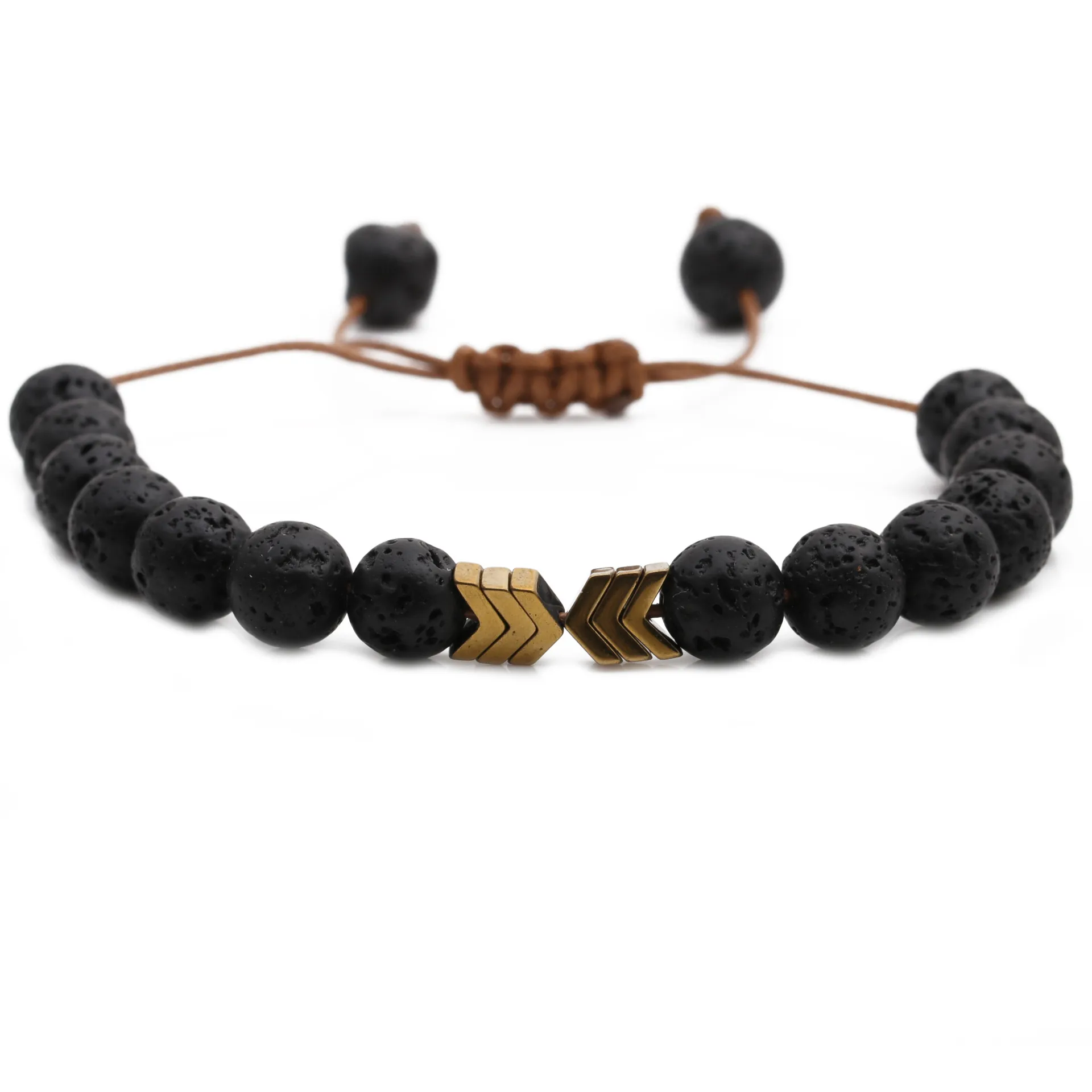 Men Lava Stone Beaded Bracelet Handmade Woven Adjustable Cord Arrow Metal Charm Punk Style Jewelry