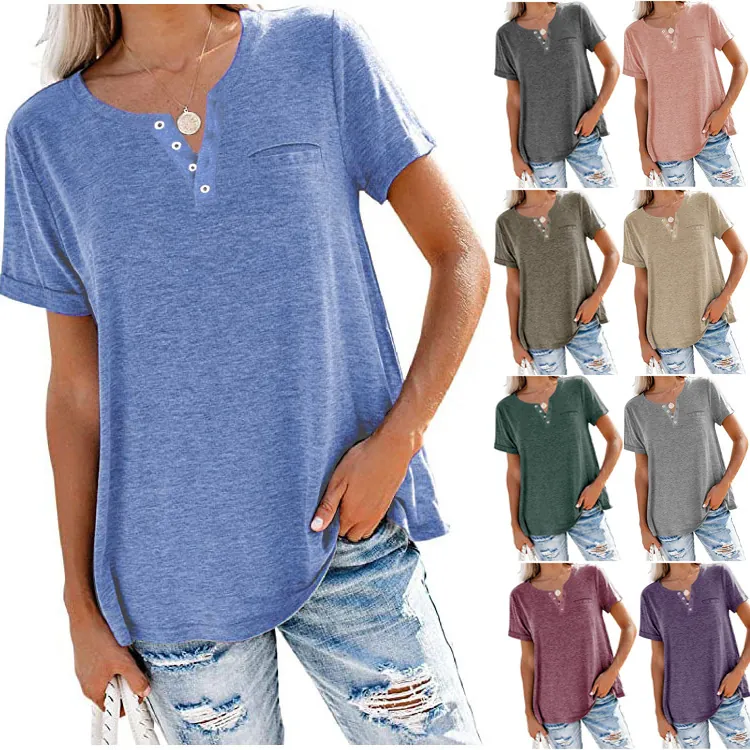 Women Loose V-Neck Short Sleeve Henley T-Shirt Cotton Blend Patchwork Top With Pocket